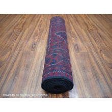 Load image into Gallery viewer, 2&#39;8&quot;x9&#39;4&quot; Deep and Saturated Red with Mix of Navy Blue, Afghan Khamyab with Geometric Medallion Design, Soft and Shiny Wool Hand Knotted, Runner Oriental Rug FWR430908