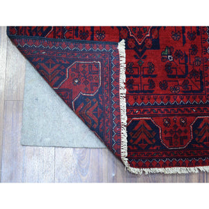 2'7"x9'5" Deep and Saturated Red with Mix of Navy Blue, Soft and Shiny Wool Hand Knotted, Afghan Khamyab with Geometric Design, Runner Oriental Rug FWR430944