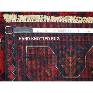 2'7"x9'5" Deep and Saturated Red with Mix of Navy Blue, Soft and Shiny Wool Hand Knotted, Afghan Khamyab with Geometric Design, Runner Oriental Rug FWR430944