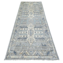 Load image into Gallery viewer, 4&#39;x10&#39; Light Gray, Soft Wool Hand Knotted, Anatolian Village Inspired Geometric Medallion Design with Animal Figurines Natural Dyes, Wide Runner Oriental Rug FWR431226