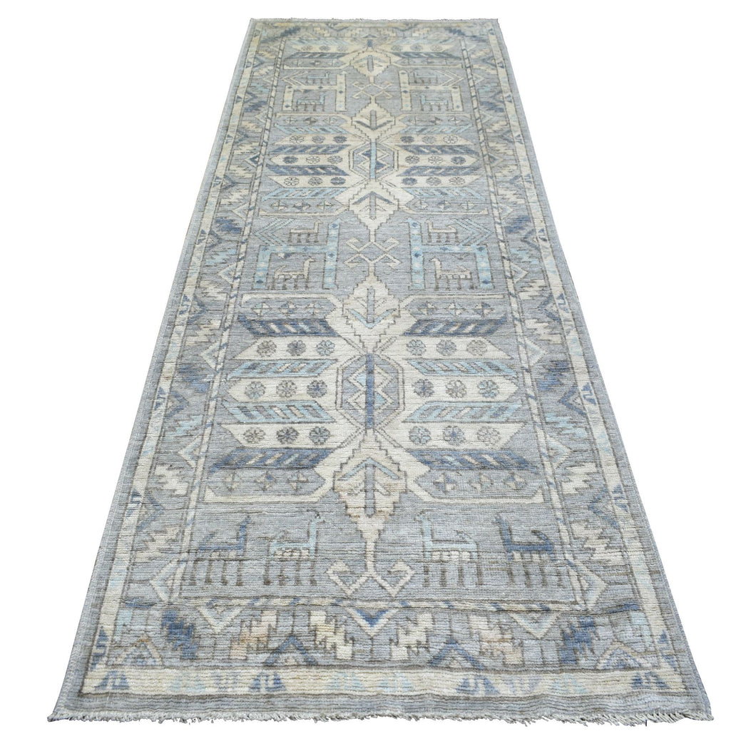 4'x10' Light Gray, Soft Wool Hand Knotted, Anatolian Village Inspired Geometric Medallion Design with Animal Figurines Natural Dyes, Wide Runner Oriental Rug FWR431226