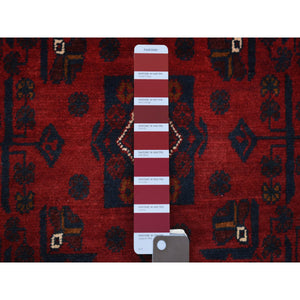 2'8"x9' Deep and Saturated Red Natural Dyes Afghan Khamyab, Pure Wool with Geometric Design Hand Knotted Runner Oriental Rug FWR432102