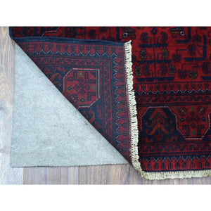 2'8"x9'8" Deep and Saturated Red Tribal Design Velvety Wool, Afghan Khamyab Hand Knotted Runner Oriental Rug FWR432132