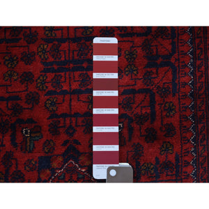 2'8"x9'8" Deep and Saturated Red Tribal Design Velvety Wool, Afghan Khamyab Hand Knotted Runner Oriental Rug FWR432132