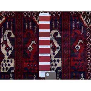 3'x12'5" Deep and Saturated Red, Afghan Khamyab with Geometric Design, Soft and Velvety Wool Hand Knotted, Wide Runner Oriental Rug FWR434040