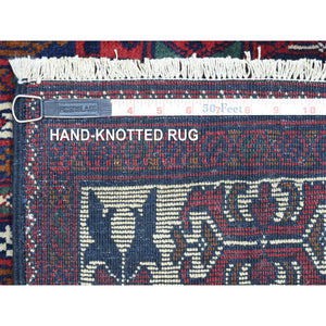 3'x12'5" Deep and Saturated Red, Afghan Khamyab with Geometric Design, Soft and Velvety Wool Hand Knotted, Wide Runner Oriental Rug FWR434040