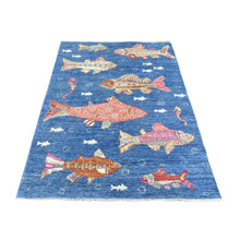 Load image into Gallery viewer, 4&#39;x5&#39;8&quot; Sapphire Blue, Organic Wool Hand Knotted, Afghan Peshawar with Colorful Oceanic Fish Design, Dense Weave Vegetable Dyes, Oriental Rug FWR438114