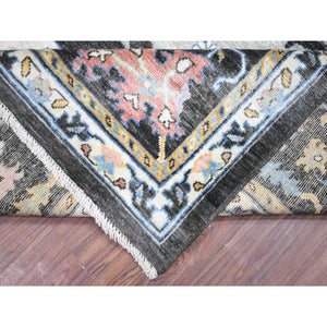 11'10"x11'10" Olive Black, Afghan Angora Oushak with Colorful Motifs Vegetable Dyes, Organic Wool Hand Knotted, Square Oriental Rug FWR438174