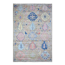 Load image into Gallery viewer, 6&#39;1&quot;x9&#39; Silver Gray, Hand Knotted Anatolian Village Inspired Geometric Medallions with Animal Figurines, Vegetable Dyes Pure Wool, Oriental Rug FWR438606