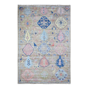 6'1"x9' Silver Gray, Hand Knotted Anatolian Village Inspired Geometric Medallions with Animal Figurines, Vegetable Dyes Pure Wool, Oriental Rug FWR438606