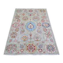 Load image into Gallery viewer, 4&#39;x5&#39;10&quot; Tan Color, Natural Dyes Pure Wool, Hand Knotted Finer Peshawar with Uzbek Suzani Design, Densely Woven, Oriental Rug FWR438876