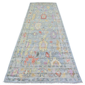 4'1"x11'8" Stone Gray, Afghan Angora Oushak with Colorful Leaf Design, Vegetable Dyes, Pure Wool, Hand Knotted Wide Runner Oriental Rug FWR439746