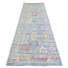 Load image into Gallery viewer, 4&#39;x11&#39;7&quot; Blue Gray, Pure Wool, Hand Knotted, Afghan Angora Oushak with Leaf Design, Vegetable Dyes Wide Runner Oriental Rug FWR439776