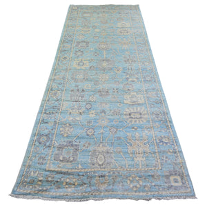 4'x10'1" Cerulean Blue, Hand Knotted, Afghan Angora Oushak with Branch and Flower Design, Vegetable Dyes, Pure Wool, Wide Runner Oriental Rug FWR439782