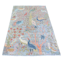 Load image into Gallery viewer, 4&#39;x6&#39;1&quot; Cloud Gray, Hand Knotted Afghan Peshawar with Birds of Paradise, Natural Dyes Pure Wool, Oriental Rug FWR440976