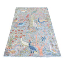 Load image into Gallery viewer, 4&#39;x6&#39; Cadet Gray, Natural Dyes Extra Soft Wool, Hand Knotted Afghan Peshawar with Birds of Paradise, Oriental Rug FWR440988