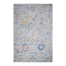 Load image into Gallery viewer, 5&#39;10&quot;x8&#39;8&quot; Pastel Gray, 100% Wool Hand Knotted, Natural Dyes Afghan Angora Oushak with Colorful Motifs, Oriental Rug FWR442800