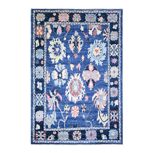 6'2"x8'10" Sapphire Blue, Afghan Angora Oushak with Colorful Motifs Natural Dyes, Soft Wool Hand Knotted, Oriental Rug FWR442812