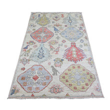 Load image into Gallery viewer, 4&#39;x6&#39; Ivory, Vegetable Dyes Wool, Hand Knotted Anatolian Village Inspired Geometric Medallions with Animal Figurines, Oriental Rug FWR445380