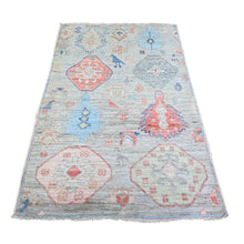 Load image into Gallery viewer, 4&#39;x6&#39; Cloud Blue, Vegetable Dyes 100% Wool, Hand Knotted Anatolian Village Inspired Geometric Medallions with Animal Figurines, Oriental Rug FWR445410