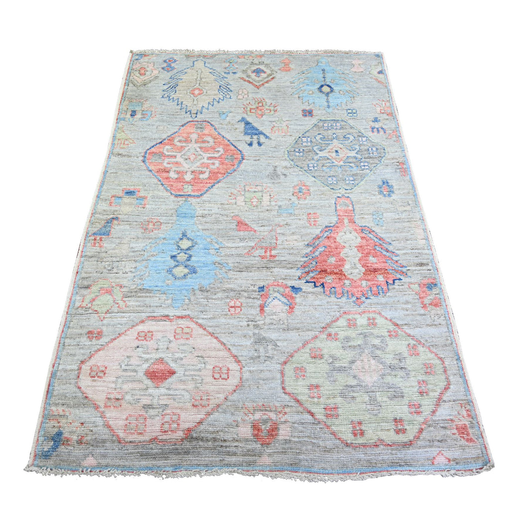 4'x6' Cloud Blue, Vegetable Dyes 100% Wool, Hand Knotted Anatolian Village Inspired Geometric Medallions with Animal Figurines, Oriental Rug FWR445410