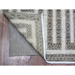 3'10"x9'7" Taupe Brown, Hand Knotted Extra Soft Wool, Natural Dyes Fine Peshawar with Intricate Geometric Motifs Maze Design, Wide Runner Oriental Rug FWR445578