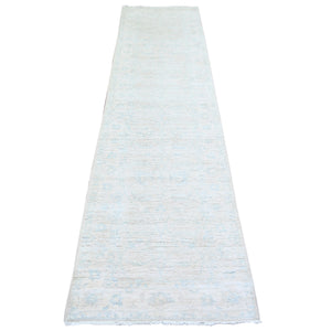 2'5"x9'6" Delicate White, Vegetable Dyes, Washed Out Peshawar, Pure Wool, Hand Knotted, Runner Oriental Rug FWR447054