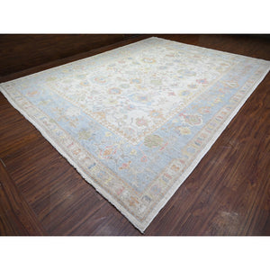 12'2"x16' Smoky White, Afghan Angora Oushak with All Over Floral Pattern, Hand Knotted, Natural Wool, Oversized Oriental Rug FWR448200