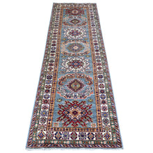 Load image into Gallery viewer, 2&#39;7&quot;x8&#39;2&quot; Oxford Gray, Afghan Super Kazak With Geometric Motifs, Multiple Border, Natural Dyes, Densely Woven, Soft Wool, Hand Knotted, Narrow Runner Oriental Rug FWR448818