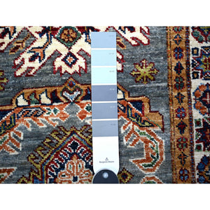 2'7"x8'2" Oxford Gray, Afghan Super Kazak With Geometric Motifs, Multiple Border, Natural Dyes, Densely Woven, Soft Wool, Hand Knotted, Narrow Runner Oriental Rug FWR448818