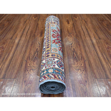 Load image into Gallery viewer, 2&#39;7&quot;x8&#39;2&quot; Oxford Gray, Afghan Super Kazak With Geometric Motifs, Multiple Border, Natural Dyes, Densely Woven, Soft Wool, Hand Knotted, Narrow Runner Oriental Rug FWR448818