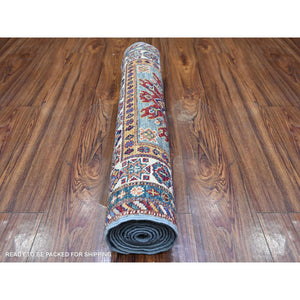 2'7"x8'2" Oxford Gray, Afghan Super Kazak With Geometric Motifs, Multiple Border, Natural Dyes, Densely Woven, Soft Wool, Hand Knotted, Narrow Runner Oriental Rug FWR448818