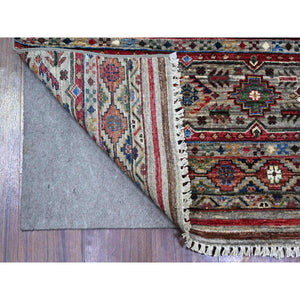 2'8"x8'4" Goose Gray, Vegetable Dyes, Hand Knotted, Extra Soft Pure Wool, Afghan Super Kazak with Khorjin Design with Colorful Motifs, Runner Oriental Rug FWR448884