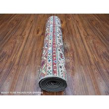 Load image into Gallery viewer, 2&#39;8&quot;x8&#39;4&quot; Goose Gray, Vegetable Dyes, Hand Knotted, Extra Soft Pure Wool, Afghan Super Kazak with Khorjin Design with Colorful Motifs, Runner Oriental Rug FWR448884