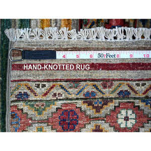 2'8"x8'4" Goose Gray, Vegetable Dyes, Hand Knotted, Extra Soft Pure Wool, Afghan Super Kazak with Khorjin Design with Colorful Motifs, Runner Oriental Rug FWR448884