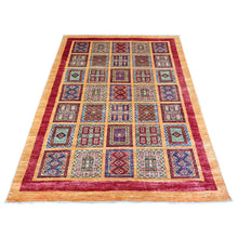 Load image into Gallery viewer, 4&#39;10&quot;x6&#39;3&quot; Ochre Brown, Vegetable Dyes, Natural Wool, Afghan Super Kazak with Geometrical Garden Design, Hand Knotted, Oriental Rug FWR449046