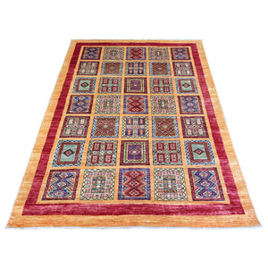 4'10"x6'3" Ochre Brown, Vegetable Dyes, Natural Wool, Afghan Super Kazak with Geometrical Garden Design, Hand Knotted, Oriental Rug FWR449046