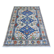 Load image into Gallery viewer, 4&#39;1&quot;x6&#39;2&quot; Platinum Gray, Afghan Vegetable Dyes Handspun Wool with Antique Shiraz Design, Geometric Medallion, Small Animal and Human Figurines, Hand Knotted, Oriental Rug FWR449124