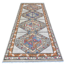 Load image into Gallery viewer, 4&#39;2&quot;x9&#39;9&quot; Cloud Gray, Hand Knotted, Vegetable Dyes, Afghan Ersari with Tribal Symbols, Pure Wool, Densely Woven, Wide Runner Oriental Rug FWR449142