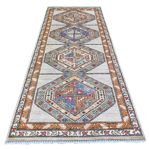 4'2"x9'9" Cloud Gray, Hand Knotted, Vegetable Dyes, Afghan Ersari with Tribal Symbols, Pure Wool, Densely Woven, Wide Runner Oriental Rug FWR449142