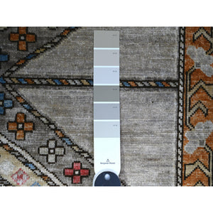 4'2"x9'9" Cloud Gray, Hand Knotted, Vegetable Dyes, Afghan Ersari with Tribal Symbols, Pure Wool, Densely Woven, Wide Runner Oriental Rug FWR449142