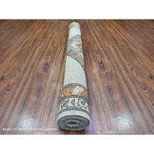 Load image into Gallery viewer, 4&#39;2&quot;x9&#39;9&quot; Cloud Gray, Hand Knotted, Vegetable Dyes, Afghan Ersari with Tribal Symbols, Pure Wool, Densely Woven, Wide Runner Oriental Rug FWR449142