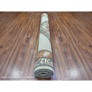 4'2"x9'9" Cloud Gray, Hand Knotted, Vegetable Dyes, Afghan Ersari with Tribal Symbols, Pure Wool, Densely Woven, Wide Runner Oriental Rug FWR449142