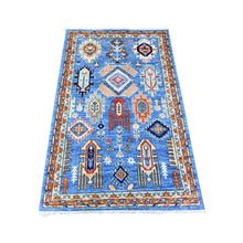 Load image into Gallery viewer, 3&#39;2&quot;x5&#39; Cornflower Blue, Densely Woven, Shiny Wool, Hand Knotted, Afghan Ersari with Geometric Gul Motifs, Vegetable Dyes, Oriental Rug FWR449172