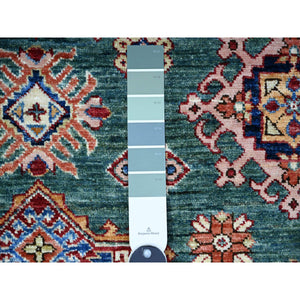 6'x8'9" Myrtle Green, 100% Wool, Vegetable Dyes, Afghan Super Kazak with All Over Medallions, Hand Knotted, Oriental Rug FWR449868