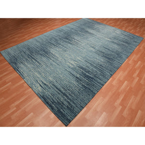 10'1"x14'1" Blue with Touches of Ivory Striae Design, Hand Knotted Pure Wool, Oriental Rug FWR451494