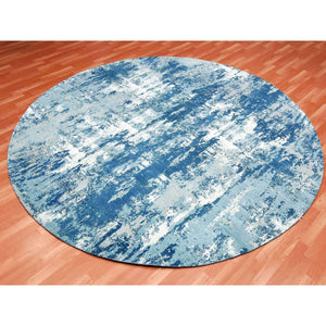 9'x9' Oceanic Blue, Hand Knotted Abstract Design, Hi-Low Pile Pure Silk and Wool, Round Oriental Rug FWR451758