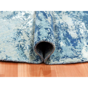 9'x9' Oceanic Blue, Hand Knotted Abstract Design, Hi-Low Pile Pure Silk and Wool, Round Oriental Rug FWR451758