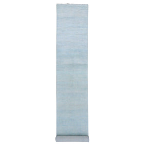 2'8"x15' Light Blue, Hand Knotted Modern Grass Design Gabbeh, Densely Woven Wool and Silk, XL Runner Oriental Rug FWR474912