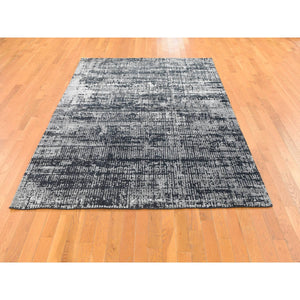 5'10"x9' Black and Silver, Modern, Wool and Plant Based Silk, Hand Loomed, Oriental Rug FWR480198